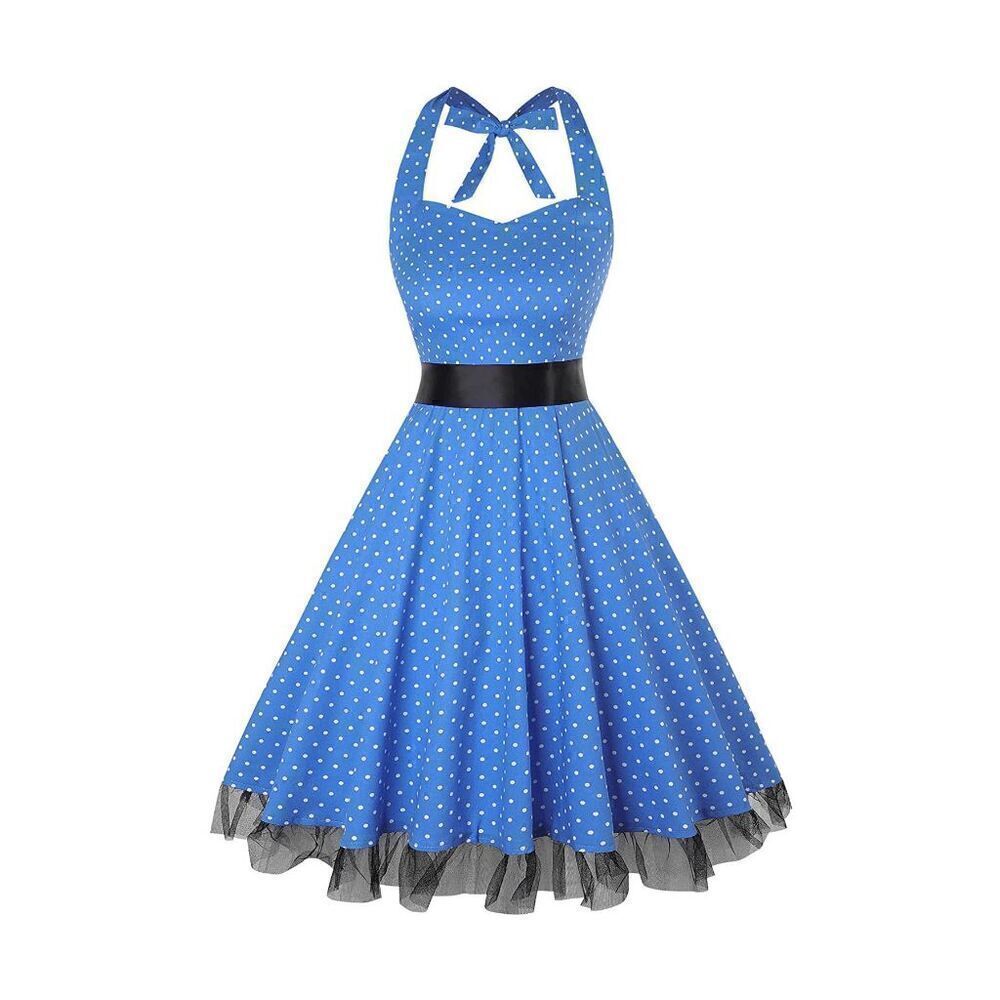 💙 NWT Pinup Retro 1950s Blue Polka Dot Tulle Hem Halter Tea Dress with Belt M